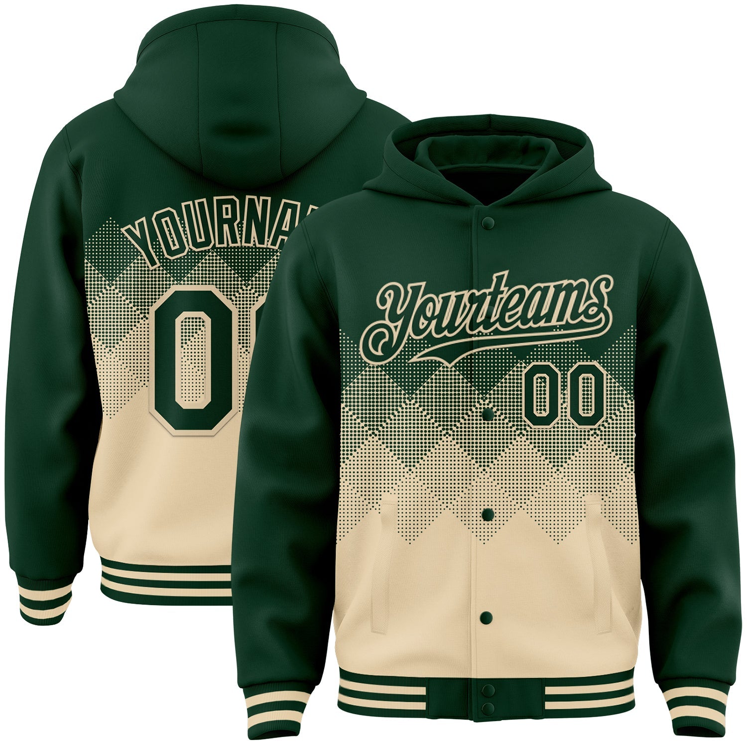 Custom Green Cream Gradient Square Shape 3D Pattern Design Bomber Full-Snap Varsity Letterman Hoodie Jacket - Main View