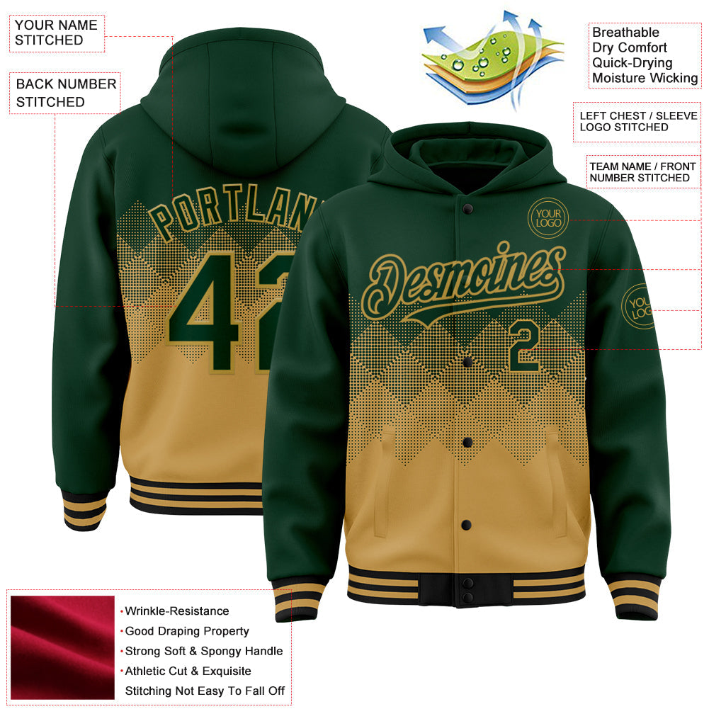 Custom Green Old Gold-Black Gradient Square Shape 3D Pattern Design Bomber Full-Snap Varsity Letterman Hoodie Jacket view 3