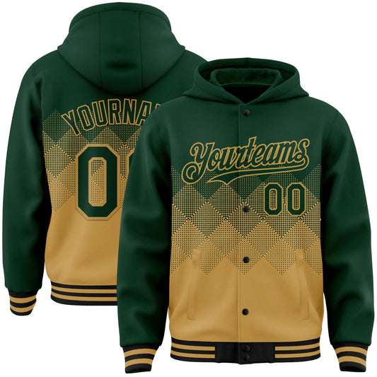 Custom Green Old Gold-Black Gradient Square Shape 3D Pattern Design Bomber Full-Snap Varsity Letterman Hoodie Jacket - Main View