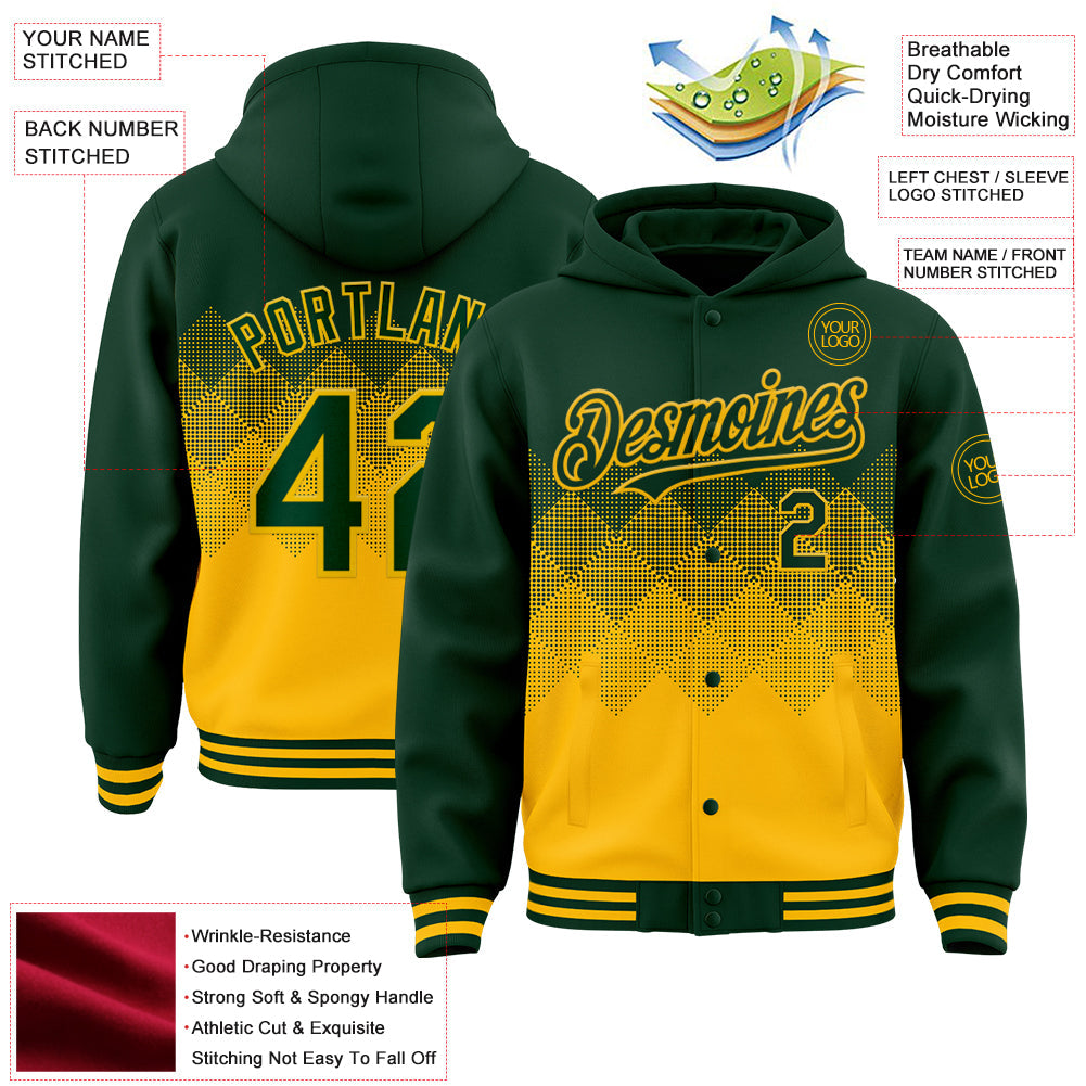 Custom Green Gold Gradient Square Shape 3D Pattern Design Bomber Full-Snap Varsity Letterman Hoodie Jacket view 3