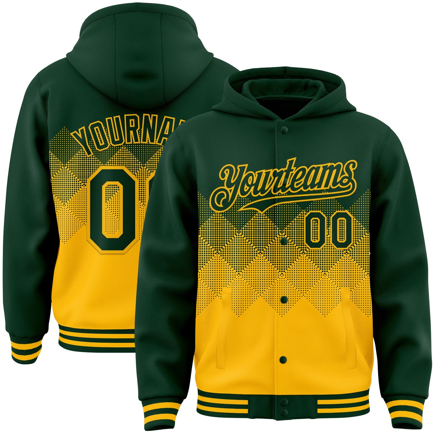 Custom Green Gold Gradient Square Shape 3D Pattern Design Bomber Full-Snap Varsity Letterman Hoodie Jacket - Main View