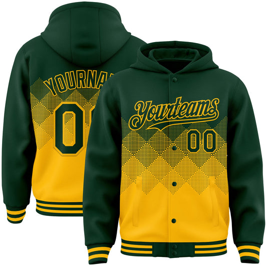 Custom Green Gold Gradient Square Shape 3D Pattern Design Bomber Full-Snap Varsity Letterman Hoodie Jacket - Main View