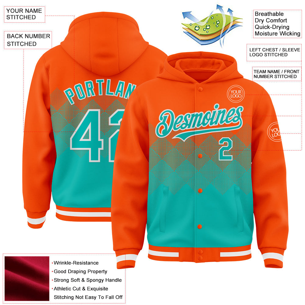 Custom Orange Aqua-White Gradient Square Shape 3D Pattern Design Bomber Full-Snap Varsity Letterman Hoodie Jacket view 3