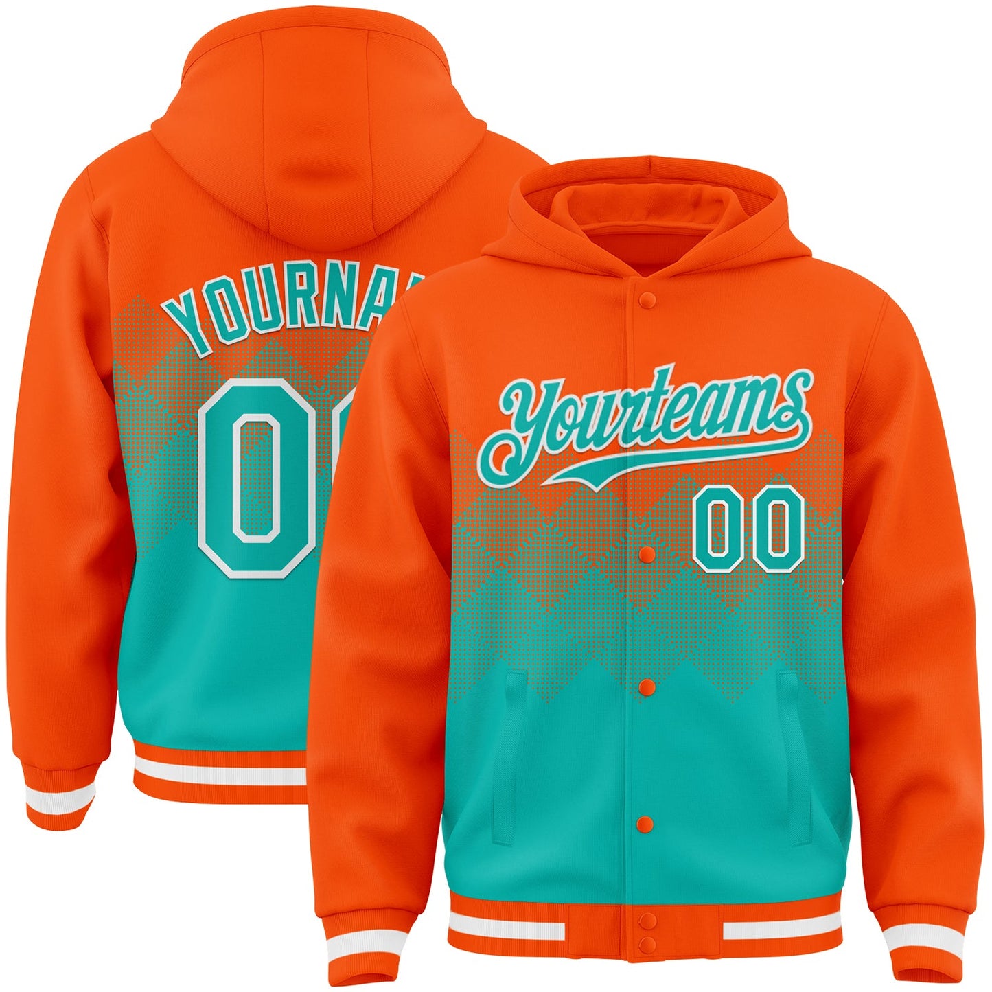 Custom Orange Aqua-White Gradient Square Shape 3D Pattern Design Bomber Full-Snap Varsity Letterman Hoodie Jacket - Main View