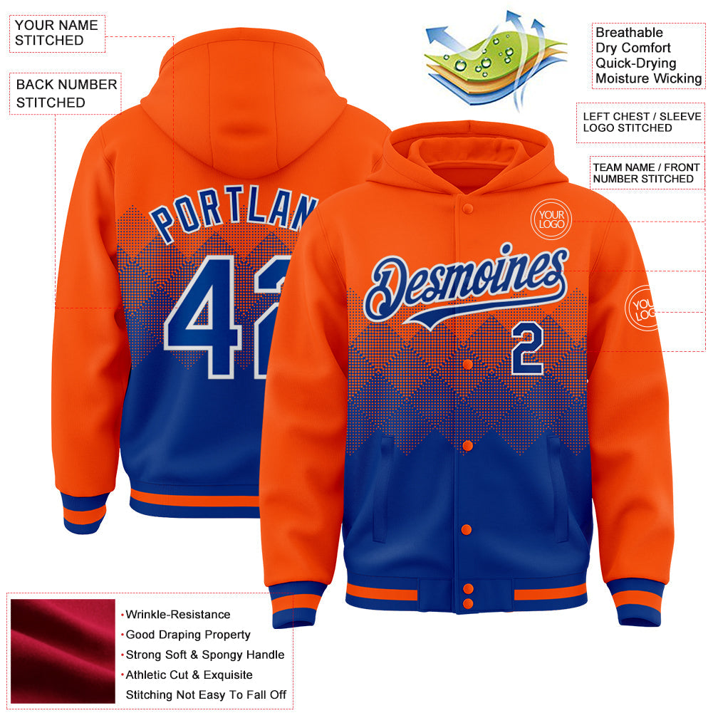 Custom Orange Royal-White Gradient Square Shape 3D Pattern Design Bomber Full-Snap Varsity Letterman Hoodie Jacket view 3