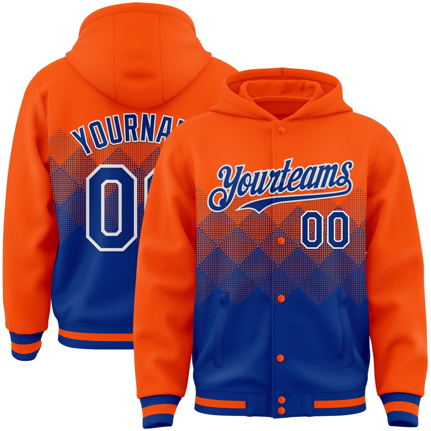 Custom Orange Royal-White Gradient Square Shape 3D Pattern Design Bomber Full-Snap Varsity Letterman Hoodie Jacket - Main View