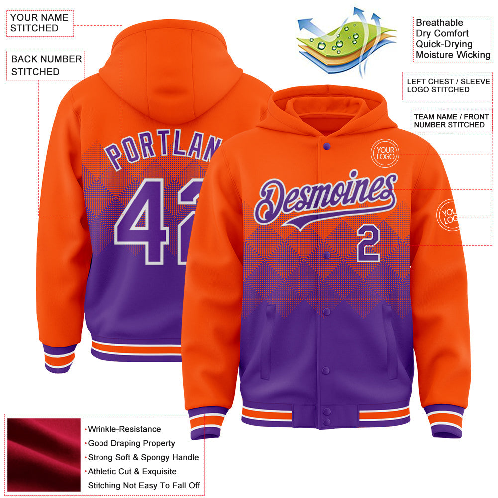 Custom Orange Purple-White Gradient Square Shape 3D Pattern Design Bomber Full-Snap Varsity Letterman Hoodie Jacket view 3