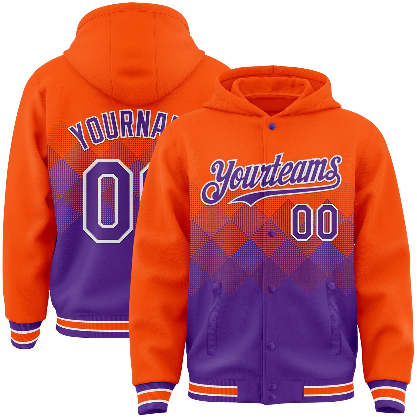 Custom Orange Purple-White Gradient Square Shape 3D Pattern Design Bomber Full-Snap Varsity Letterman Hoodie Jacket - Main View