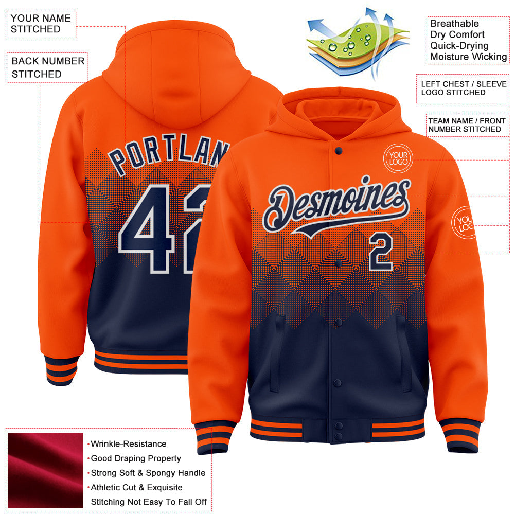 Custom Orange Navy-White Gradient Square Shape 3D Pattern Design Bomber Full-Snap Varsity Letterman Hoodie Jacket view 3