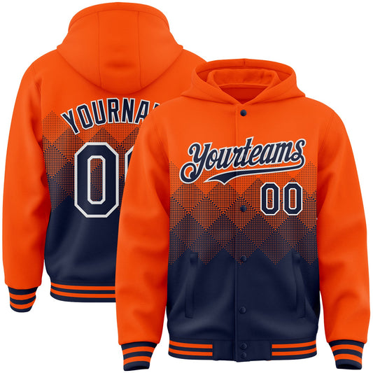Custom Orange Navy-White Gradient Square Shape 3D Pattern Design Bomber Full-Snap Varsity Letterman Hoodie Jacket - Main View