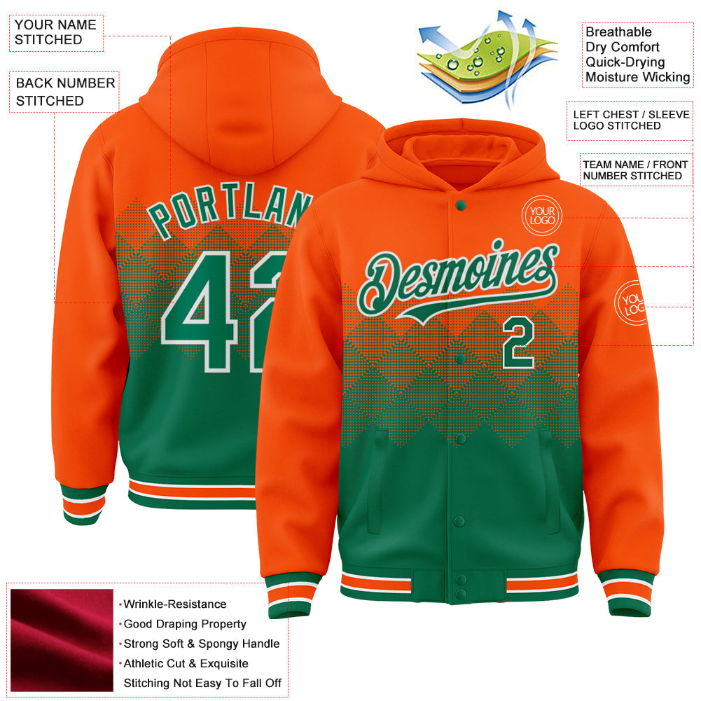 Custom Orange Kelly Green-White Gradient Square Shape 3D Pattern Design Bomber Full-Snap Varsity Letterman Hoodie Jacket view 3
