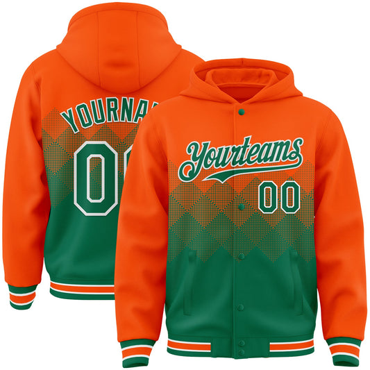 Custom Orange Kelly Green-White Gradient Square Shape 3D Pattern Design Bomber Full-Snap Varsity Letterman Hoodie Jacket - Main View