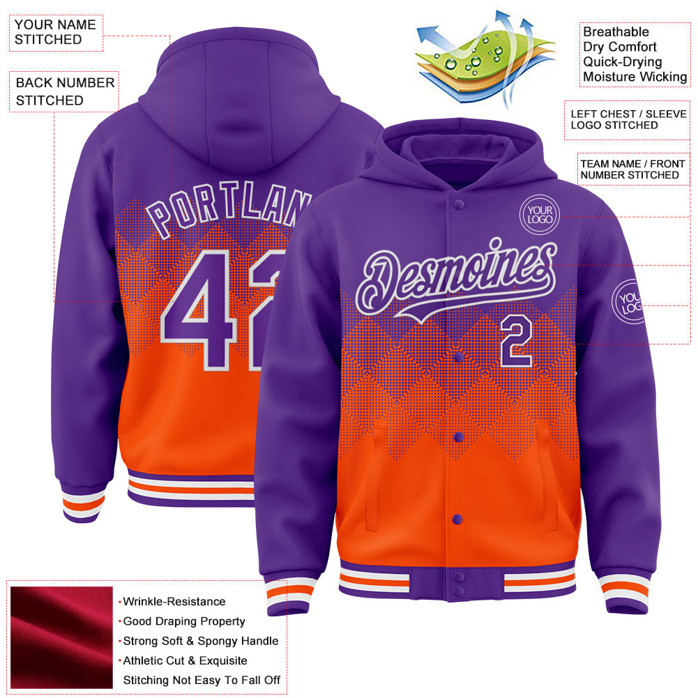 Custom Purple Orange-White Gradient Square Shape 3D Pattern Design Bomber Full-Snap Varsity Letterman Hoodie Jacket view 3