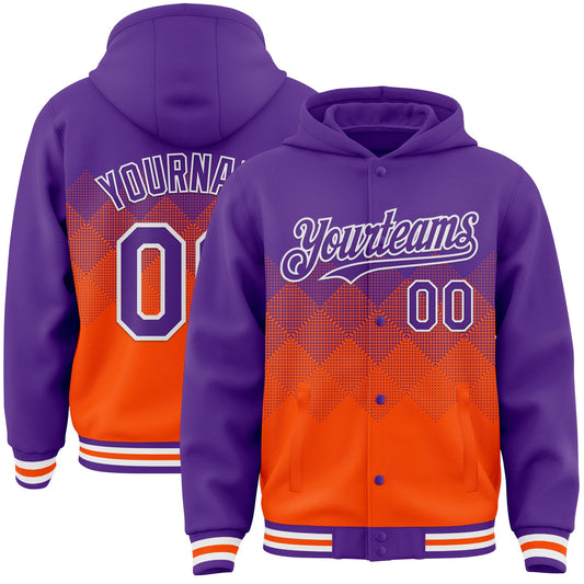 Custom Purple Orange-White Gradient Square Shape 3D Pattern Design Bomber Full-Snap Varsity Letterman Hoodie Jacket - Main View