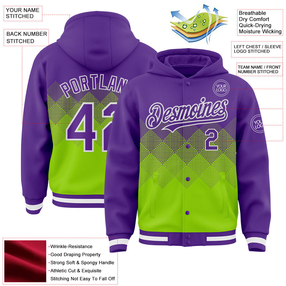Custom Purple Neon Green-White Gradient Square Shape 3D Pattern Design Bomber Full-Snap Varsity Letterman Hoodie Jacket view 3