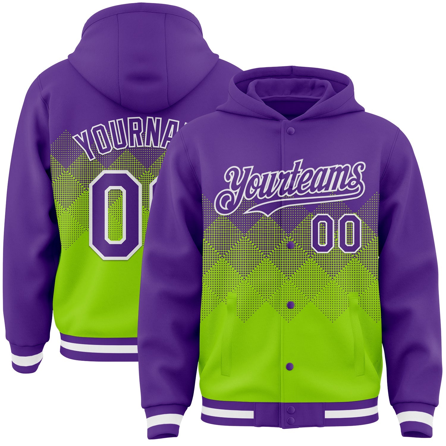 Custom Purple Neon Green-White Gradient Square Shape 3D Pattern Design Bomber Full-Snap Varsity Letterman Hoodie Jacket - Main View