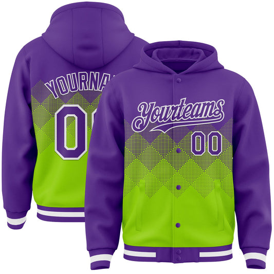 Custom Purple Neon Green-White Gradient Square Shape 3D Pattern Design Bomber Full-Snap Varsity Letterman Hoodie Jacket - Main View