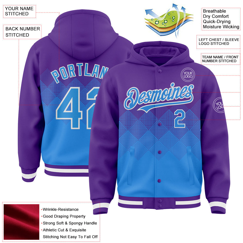 Custom Purple Powder Blue-White Gradient Square Shape 3D Pattern Design Bomber Full-Snap Varsity Letterman Hoodie Jacket view 3