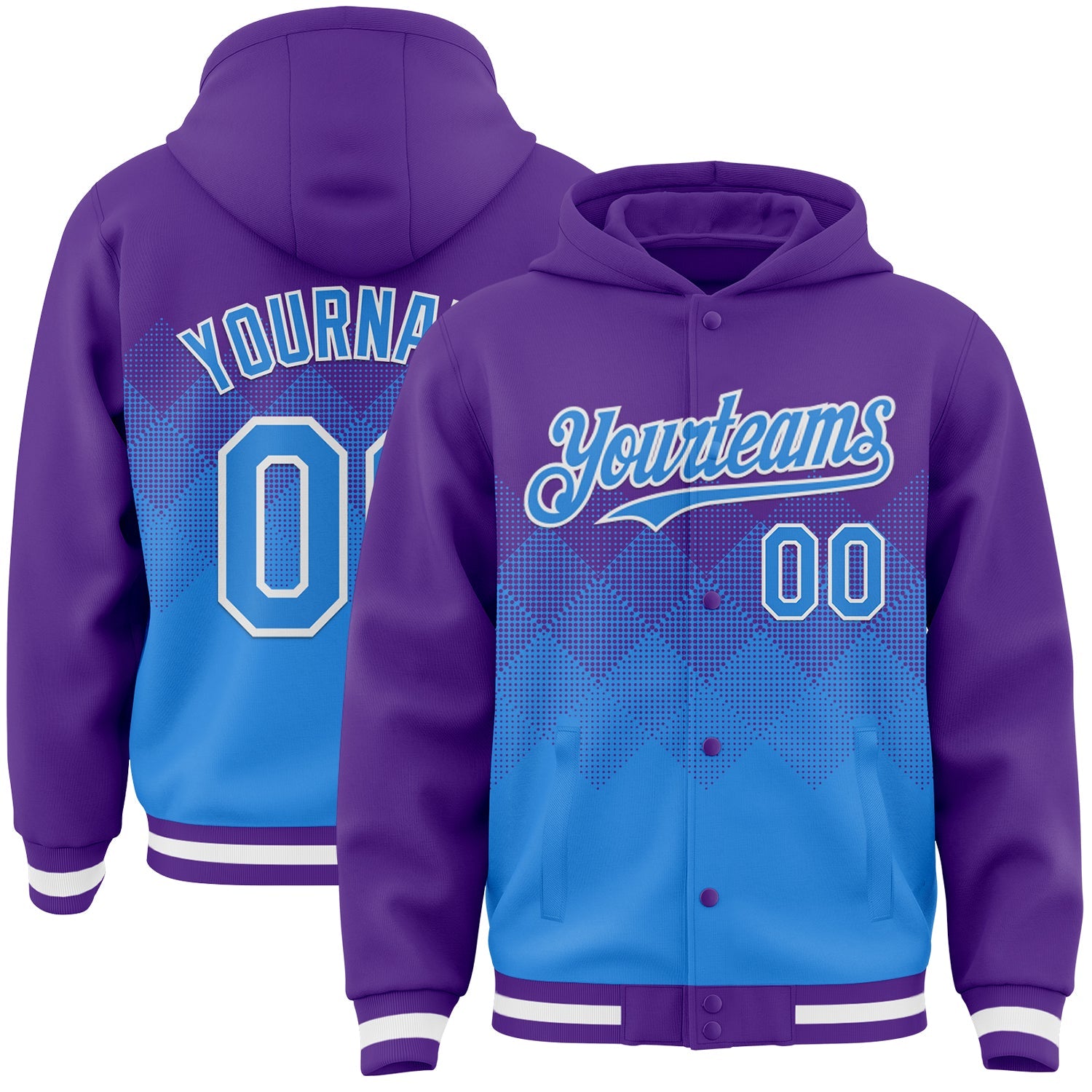 Custom Purple Powder Blue-White Gradient Square Shape 3D Pattern Design Bomber Full-Snap Varsity Letterman Hoodie Jacket - Main View