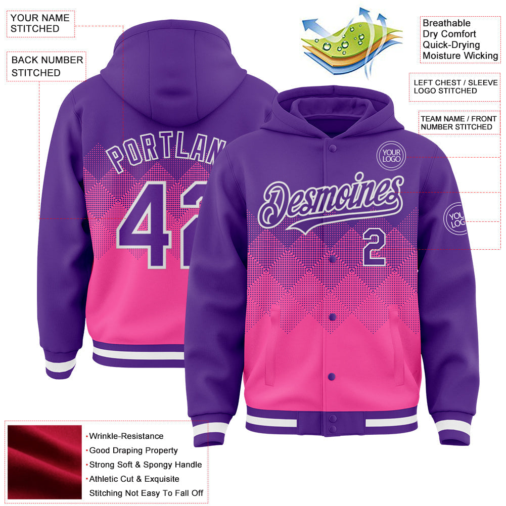 Custom Purple Pink-White Gradient Square Shape 3D Pattern Design Bomber Full-Snap Varsity Letterman Hoodie Jacket view 3