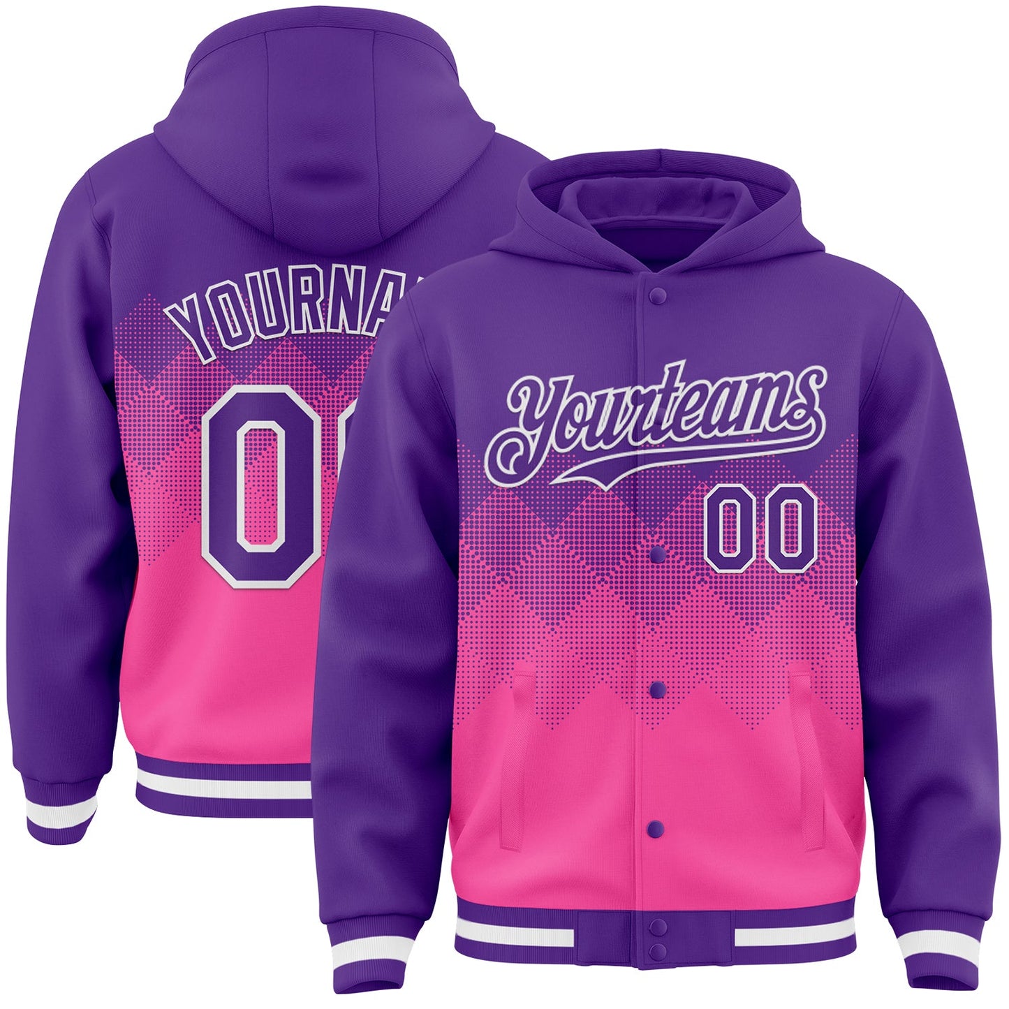 Custom Purple Pink-White Gradient Square Shape 3D Pattern Design Bomber Full-Snap Varsity Letterman Hoodie Jacket - Main View