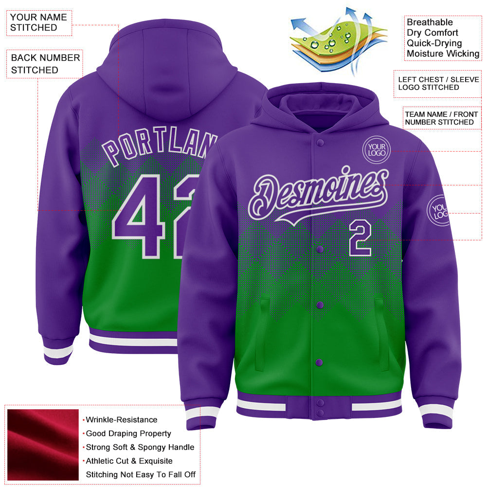Custom Purple Grass Green-White Gradient Square Shape 3D Pattern Design Bomber Full-Snap Varsity Letterman Hoodie Jacket view 3