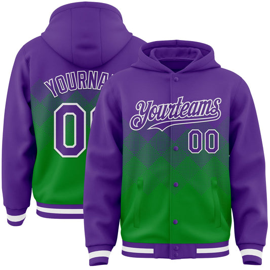 Custom Purple Grass Green-White Gradient Square Shape 3D Pattern Design Bomber Full-Snap Varsity Letterman Hoodie Jacket - Main View