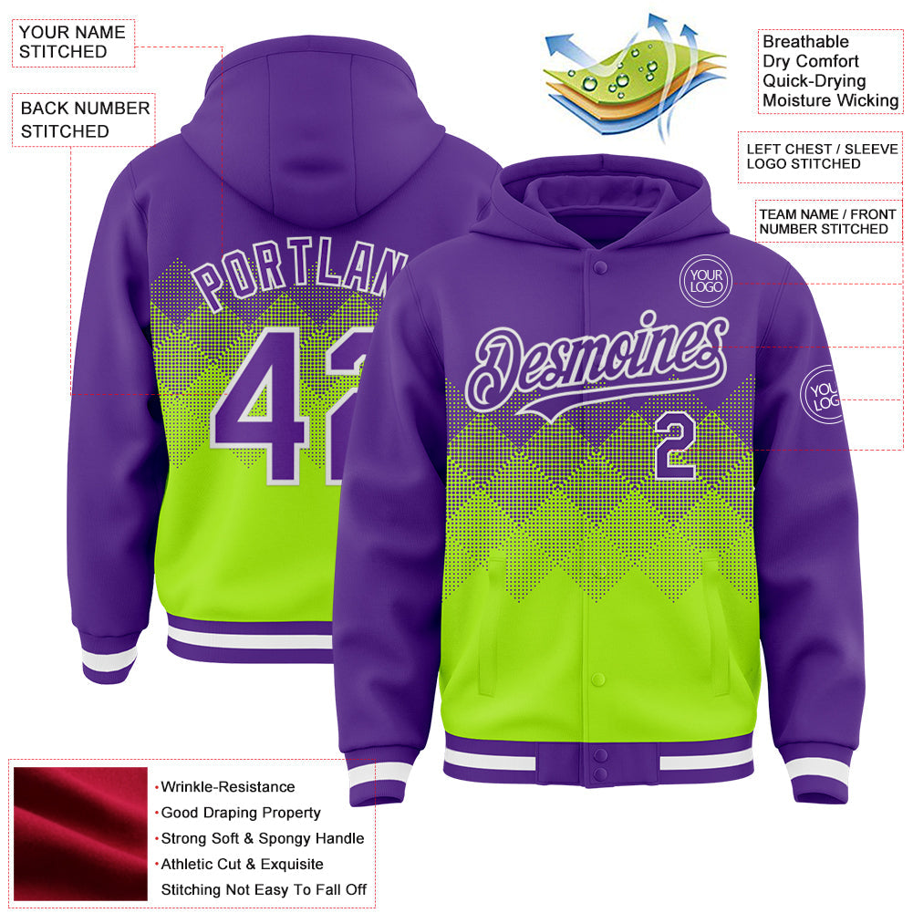 Custom Purple Neon Green-White Gradient Square Shape 3D Pattern Design Bomber Full-Snap Varsity Letterman Hoodie Jacket view 3