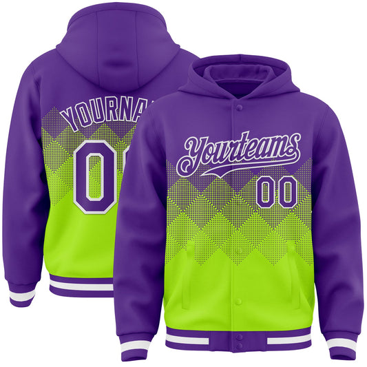 Custom Purple Neon Green-White Gradient Square Shape 3D Pattern Design Bomber Full-Snap Varsity Letterman Hoodie Jacket - Main View