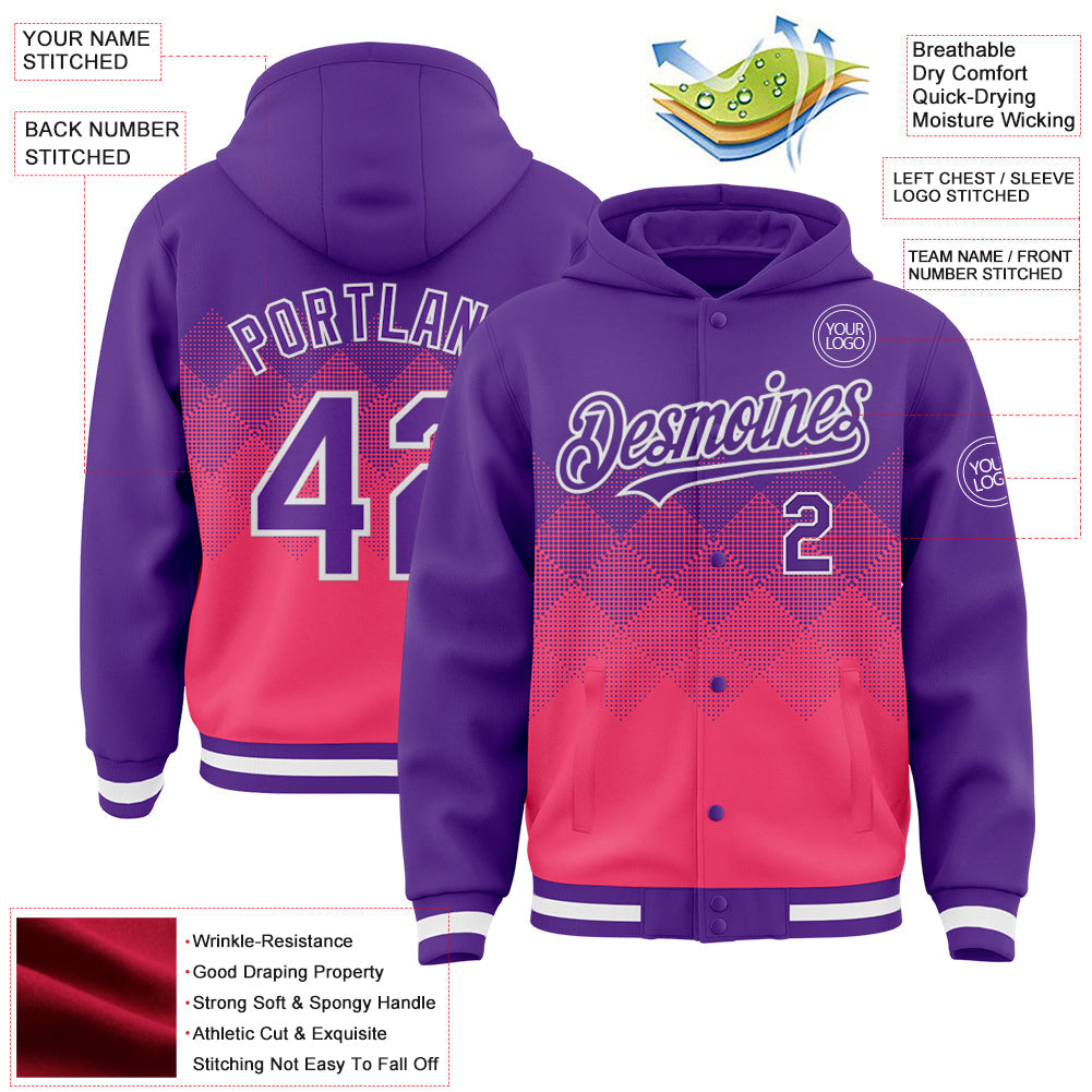 Custom Purple Neon Pink-White Gradient Square Shape 3D Pattern Design Bomber Full-Snap Varsity Letterman Hoodie Jacket view 3