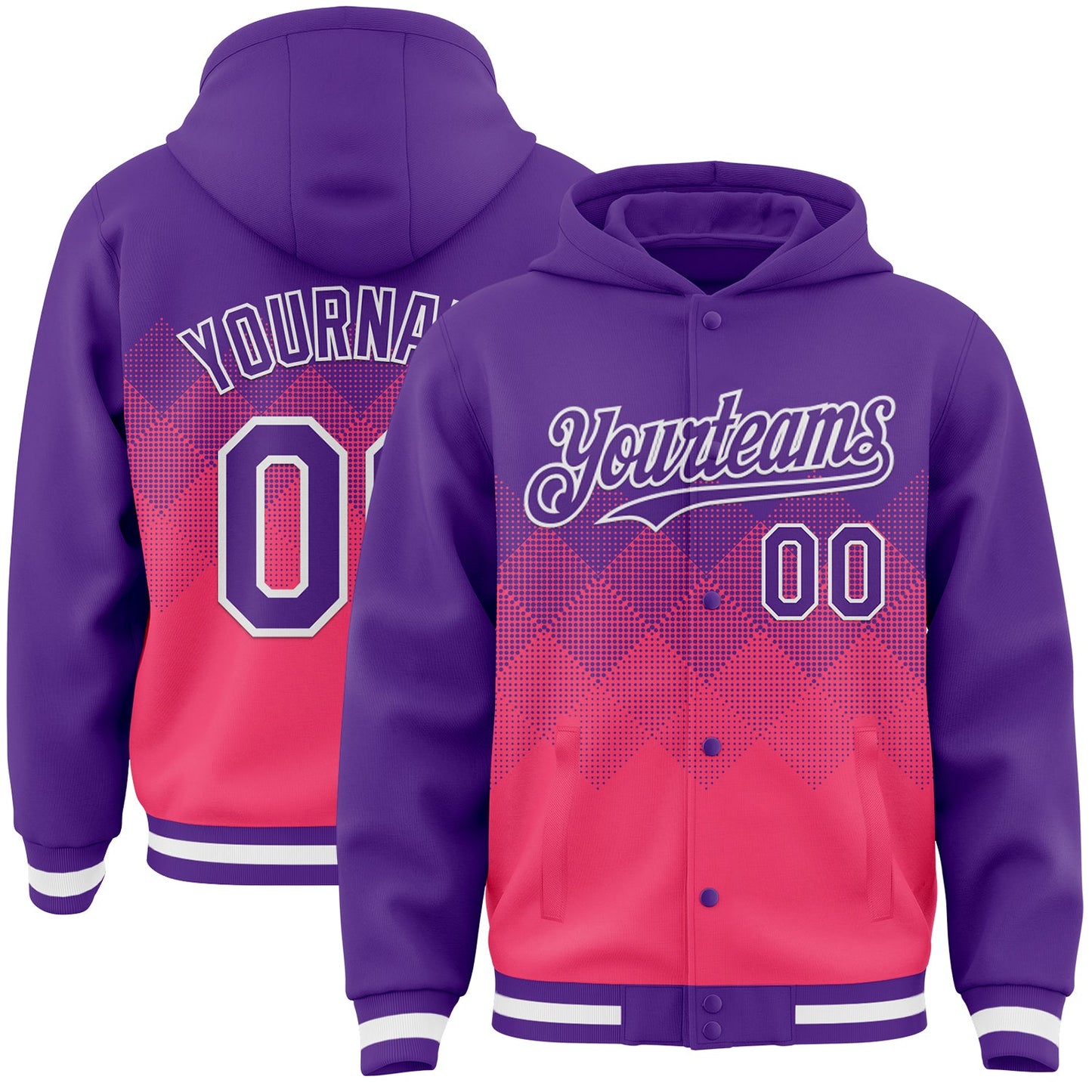 Custom Purple Neon Pink-White Gradient Square Shape 3D Pattern Design Bomber Full-Snap Varsity Letterman Hoodie Jacket - Main View