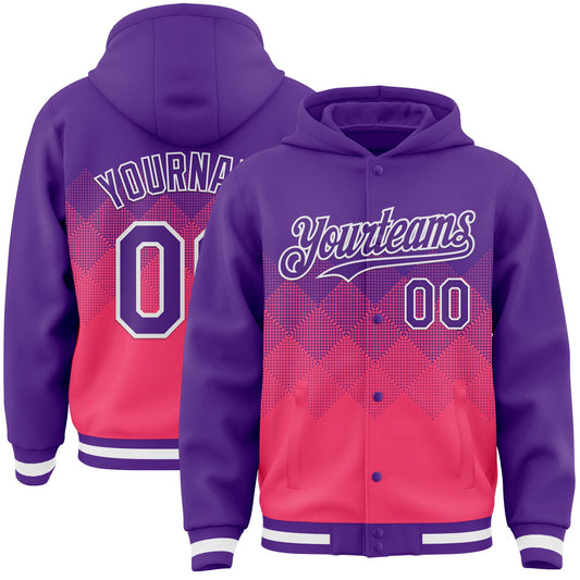 Custom Purple Neon Pink-White Gradient Square Shape 3D Pattern Design Bomber Full-Snap Varsity Letterman Hoodie Jacket - Main View