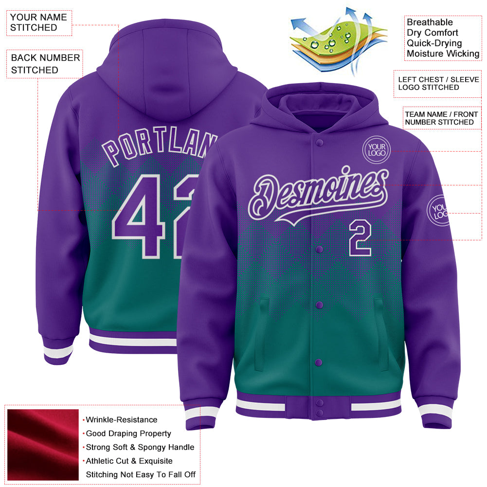 Custom Purple Teal-White Gradient Square Shape 3D Pattern Design Bomber Full-Snap Varsity Letterman Hoodie Jacket view 3