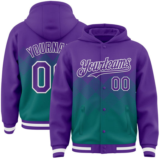 Custom Purple Teal-White Gradient Square Shape 3D Pattern Design Bomber Full-Snap Varsity Letterman Hoodie Jacket - Main View