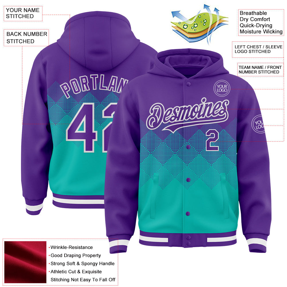 Custom Purple Aqua-White Gradient Square Shape 3D Pattern Design Bomber Full-Snap Varsity Letterman Hoodie Jacket view 3