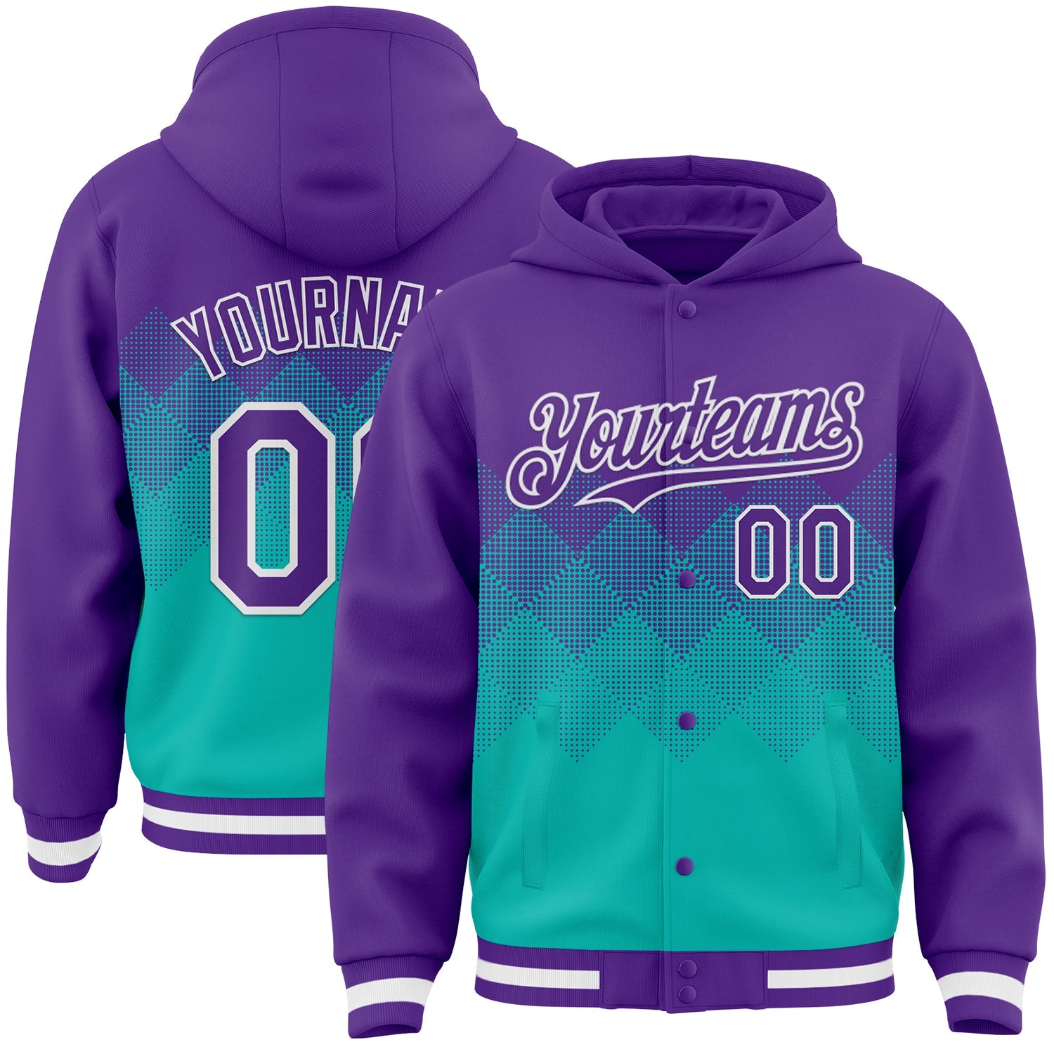 Custom Purple Aqua-White Gradient Square Shape 3D Pattern Design Bomber Full-Snap Varsity Letterman Hoodie Jacket - Main View