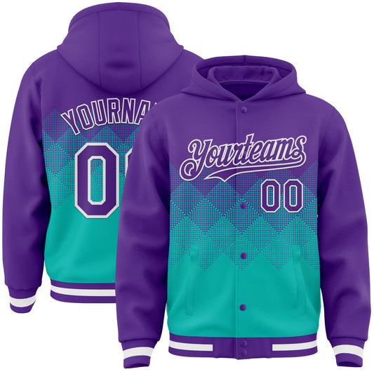 Custom Purple Aqua-White Gradient Square Shape 3D Pattern Design Bomber Full-Snap Varsity Letterman Hoodie Jacket - Main View