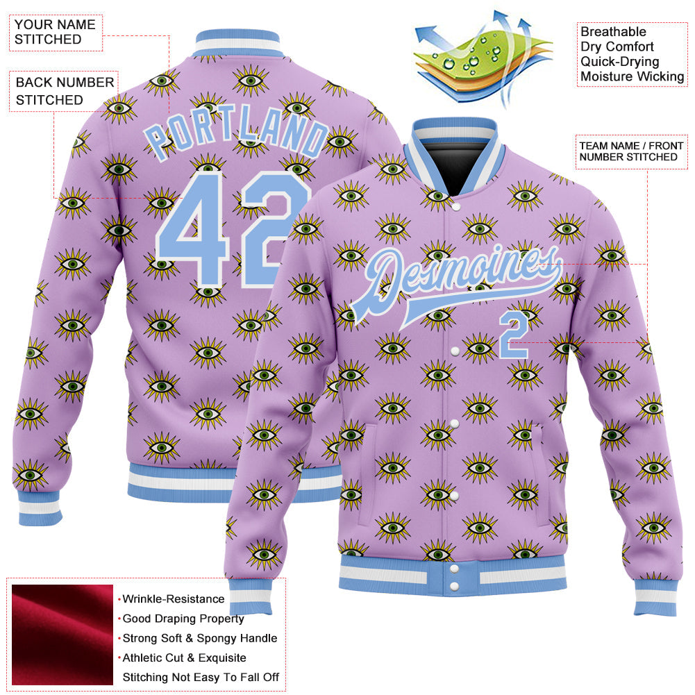Custom Light Purple Light Blue-White Evil Eyes 3D Pattern Design Bomber Full-Snap Varsity Letterman Jacket view 5