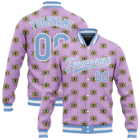 Custom Light Purple Light Blue-White Evil Eyes 3D Pattern Design Bomber Full-Snap Varsity Letterman Jacket - Main View