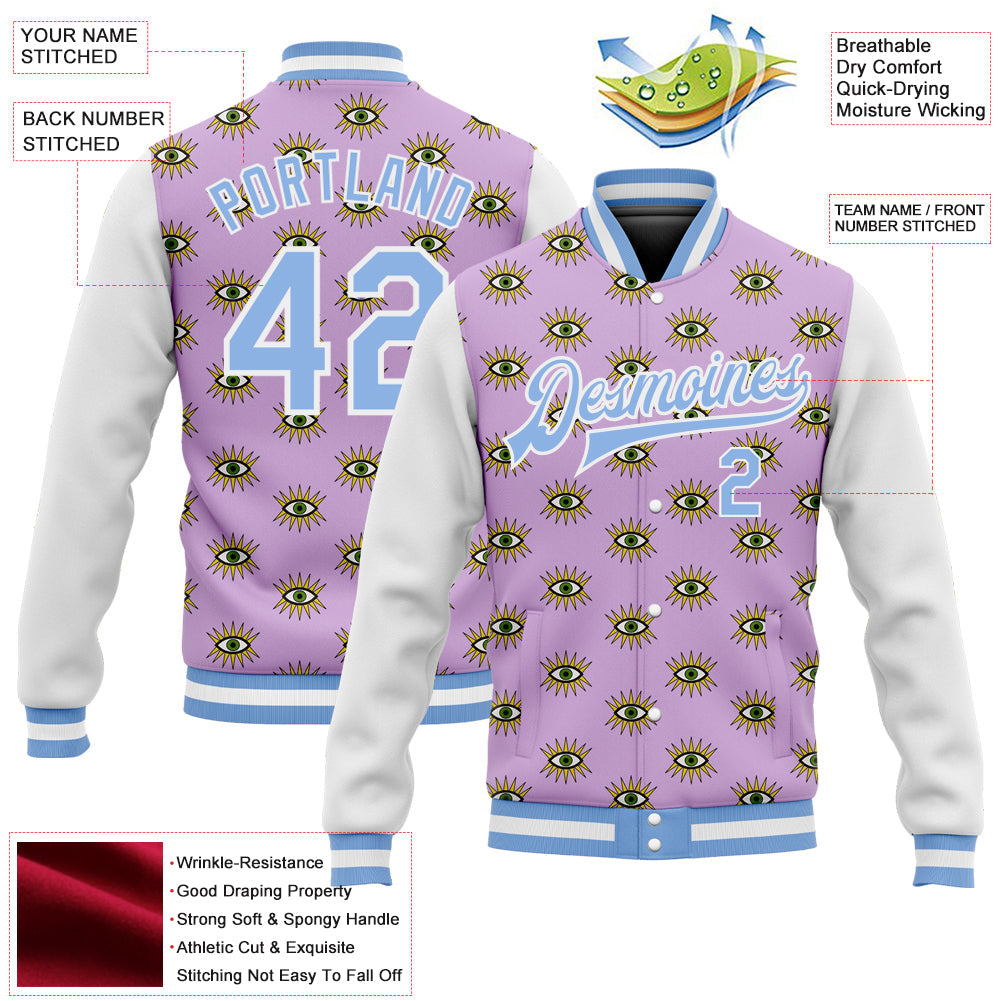Custom Light Purple Light Blue-White Evil Eyes 3D Pattern Design Bomber Full-Snap Varsity Letterman Jacket view 5