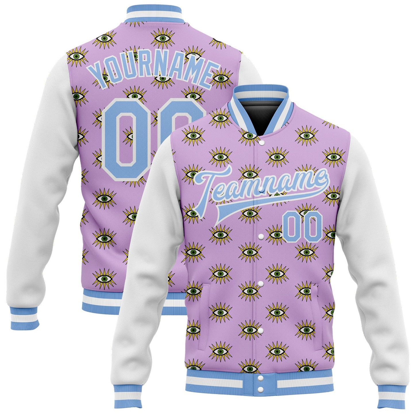 Custom Light Purple Light Blue-White Evil Eyes 3D Pattern Design Bomber Full-Snap Varsity Letterman Jacket - Main View
