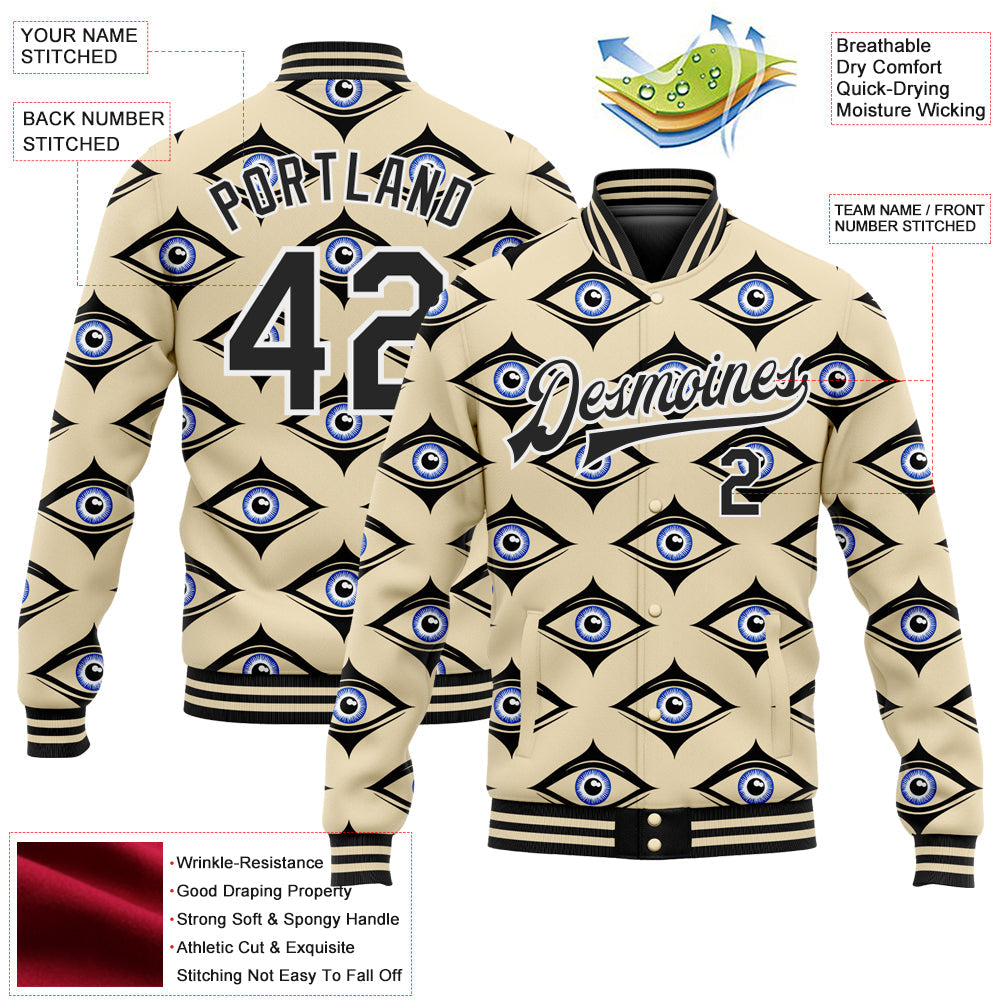 Custom Cream Black-White Evil Eyes 3D Pattern Design Bomber Full-Snap Varsity Letterman Jacket view 5