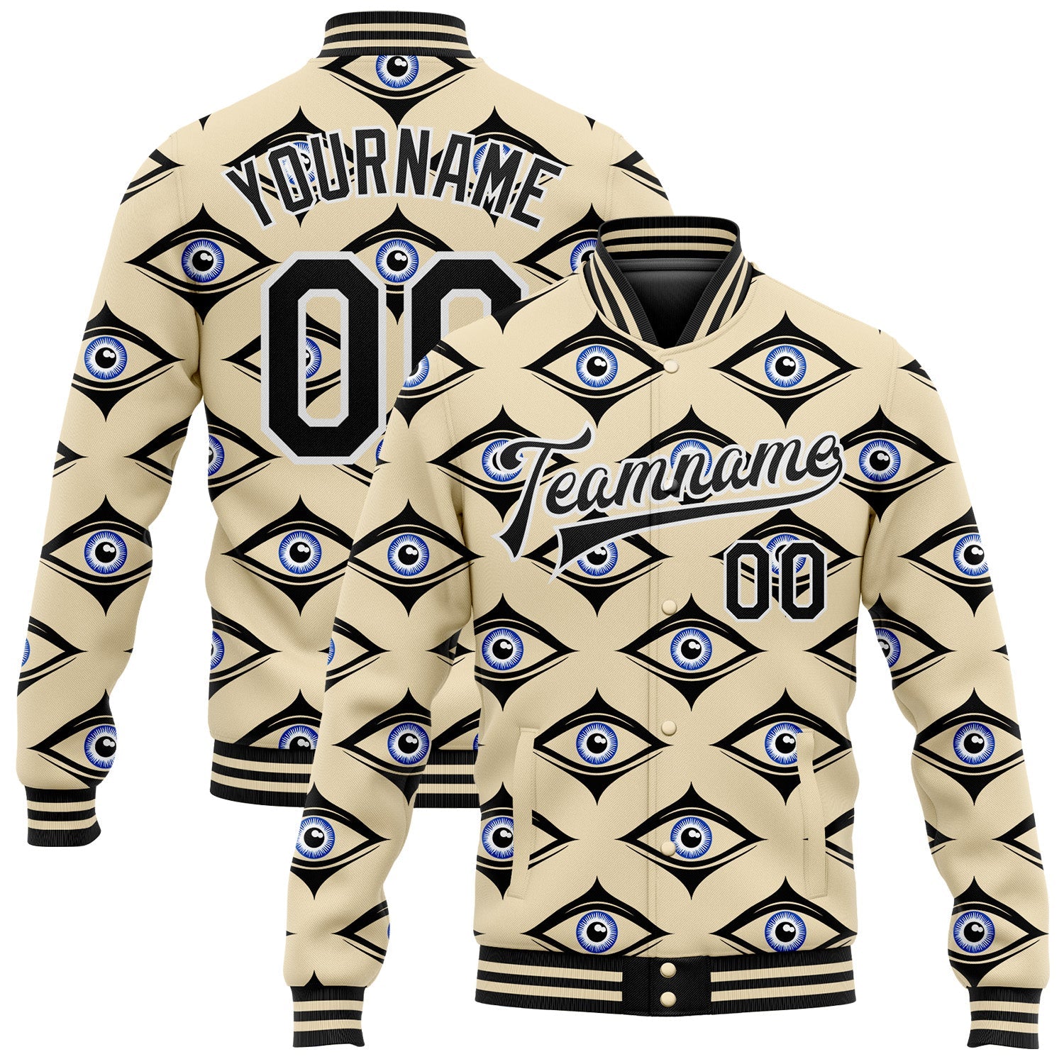 Custom Cream Black-White Evil Eyes 3D Pattern Design Bomber Full-Snap Varsity Letterman Jacket - Main View