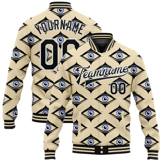 Custom Cream Black-White Evil Eyes 3D Pattern Design Bomber Full-Snap Varsity Letterman Jacket - Main View