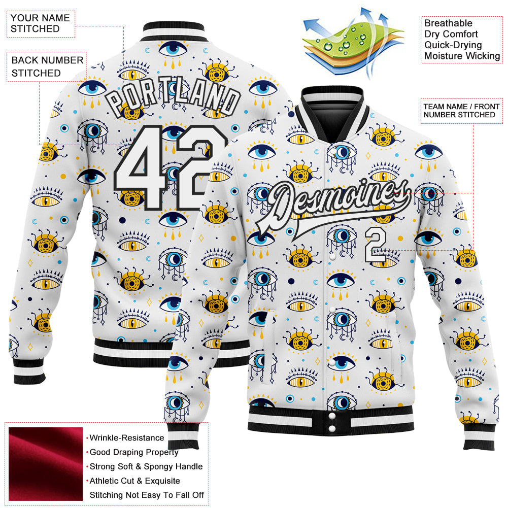 Custom White Black Evil Eyes 3D Pattern Design Bomber Full-Snap Varsity Letterman Jacket view 5