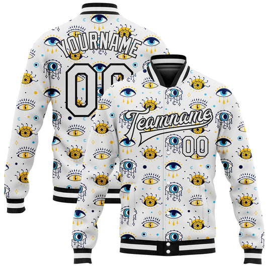 Custom White Black Evil Eyes 3D Pattern Design Bomber Full-Snap Varsity Letterman Jacket - Main View