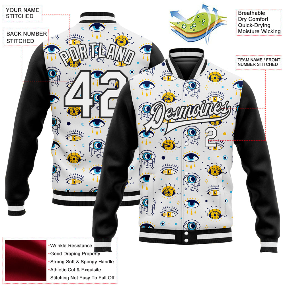 Custom White Black Evil Eyes 3D Pattern Design Bomber Full-Snap Varsity Letterman Jacket view 5
