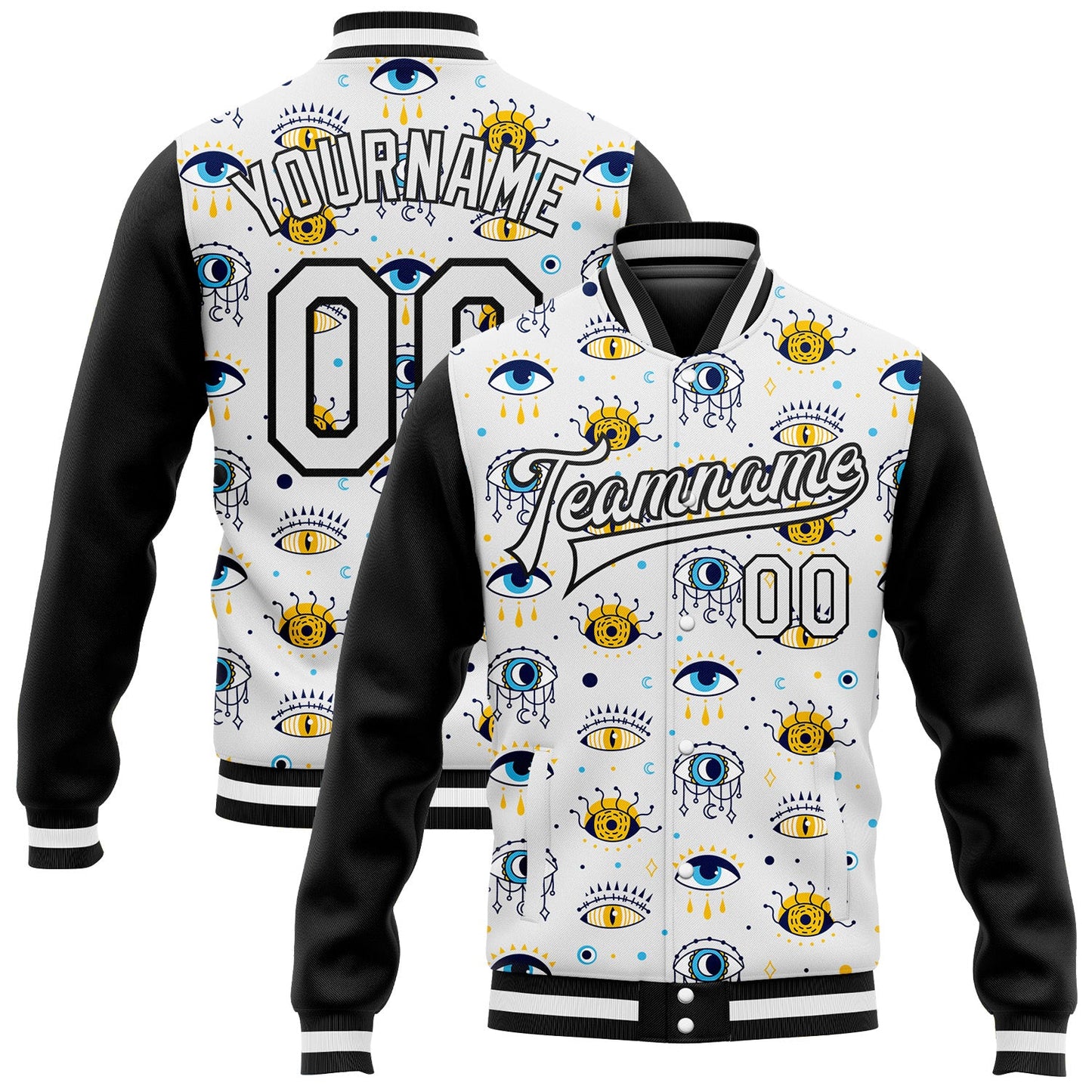 Custom White Black Evil Eyes 3D Pattern Design Bomber Full-Snap Varsity Letterman Jacket - Main View