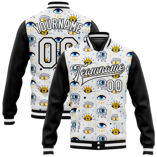 Custom White Black Evil Eyes 3D Pattern Design Bomber Full-Snap Varsity Letterman Jacket - Main View