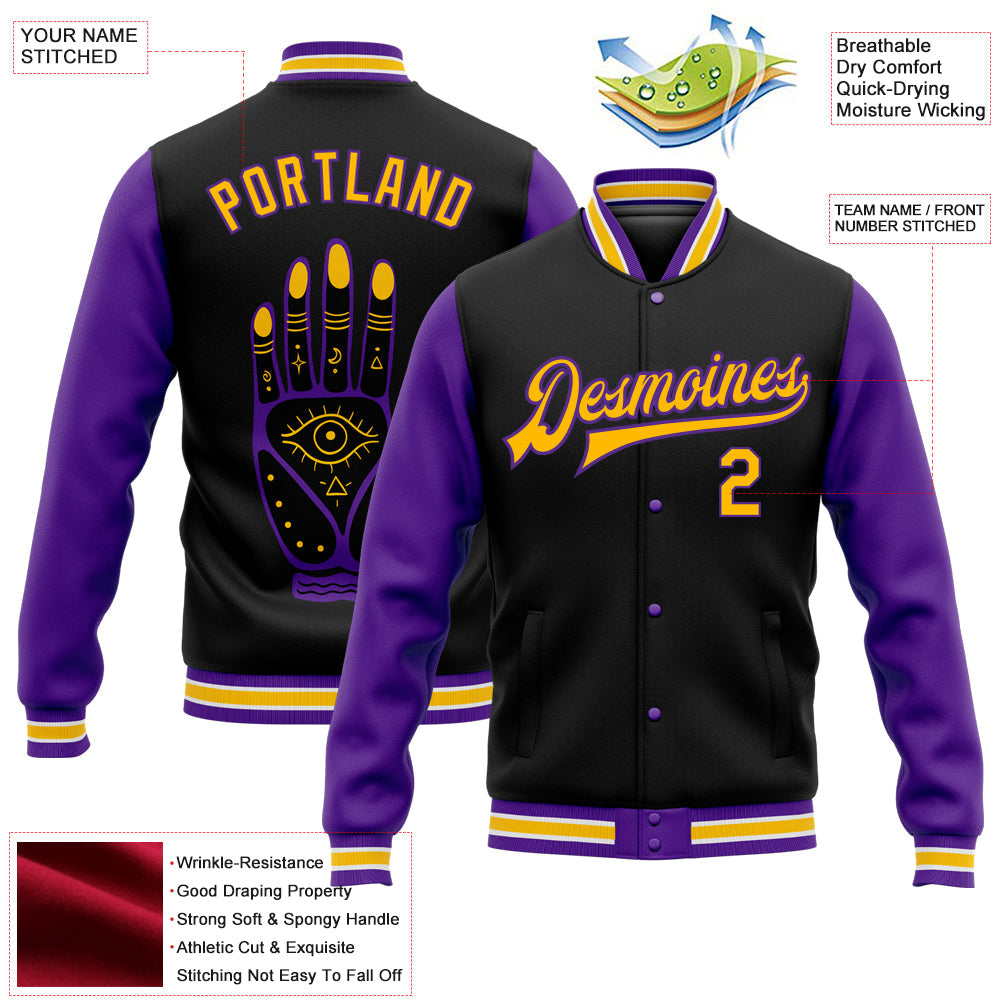 Custom Black Gold-Purple Evil Eyes 3D Pattern Design Bomber Full-Snap Varsity Letterman Jacket view 5
